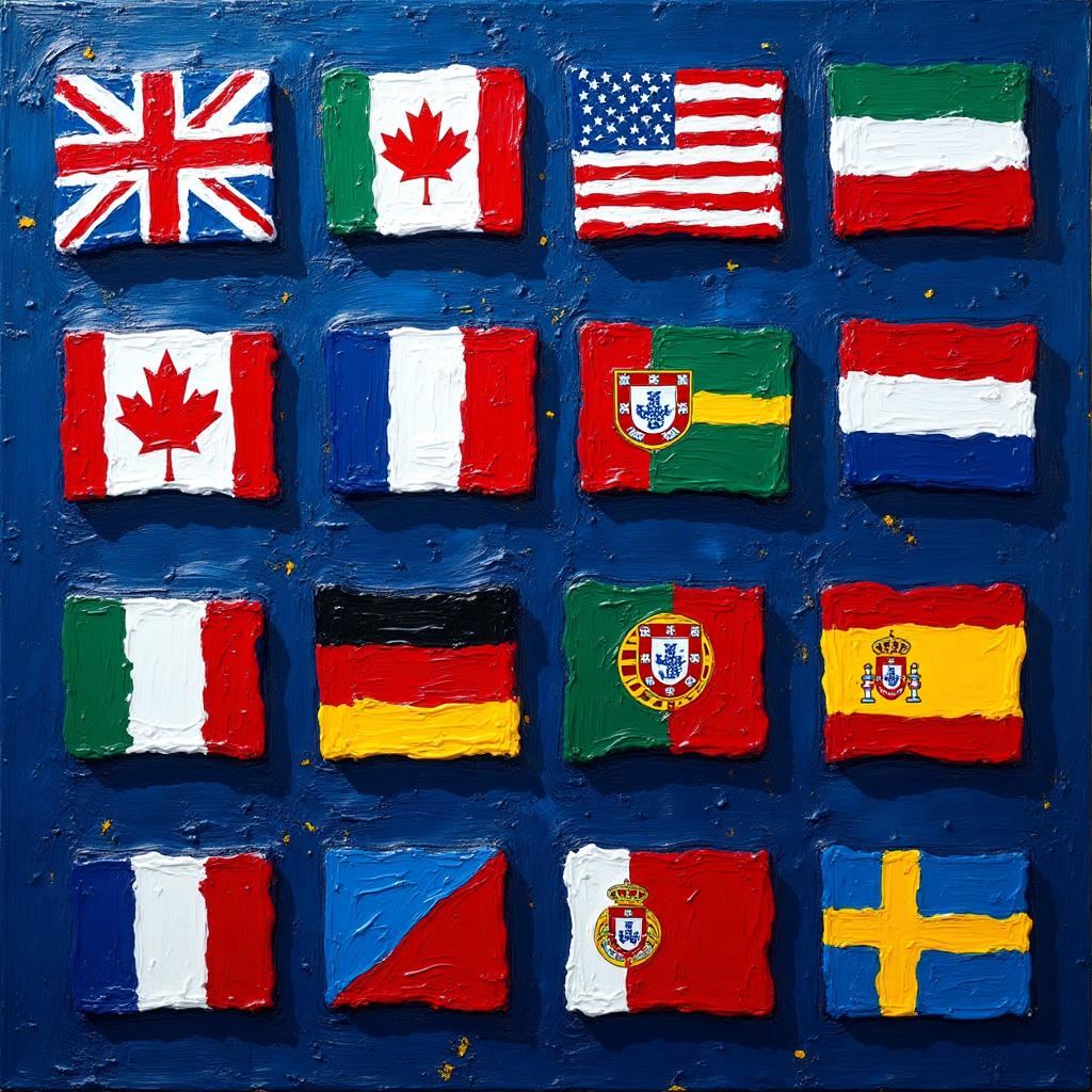 Nine European language flags painted in Vincent van Gogh post-impressionist style