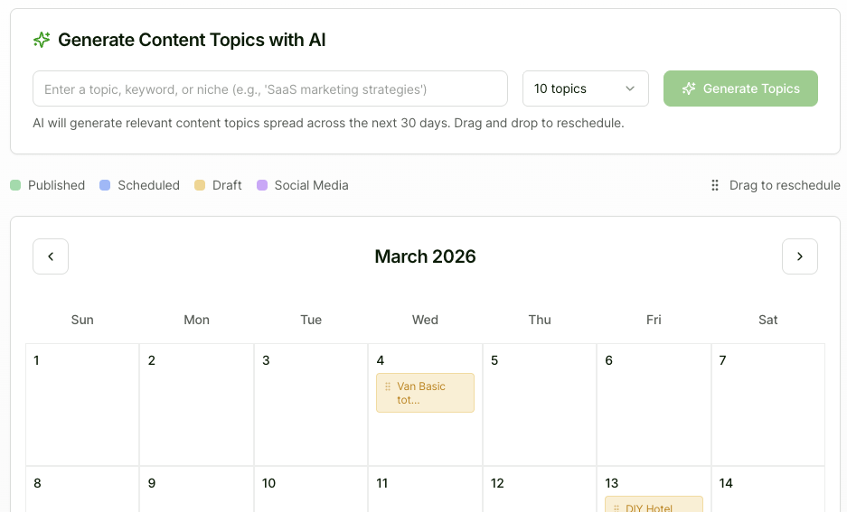 AI Content Calendar: 30 days of published content on autopilot